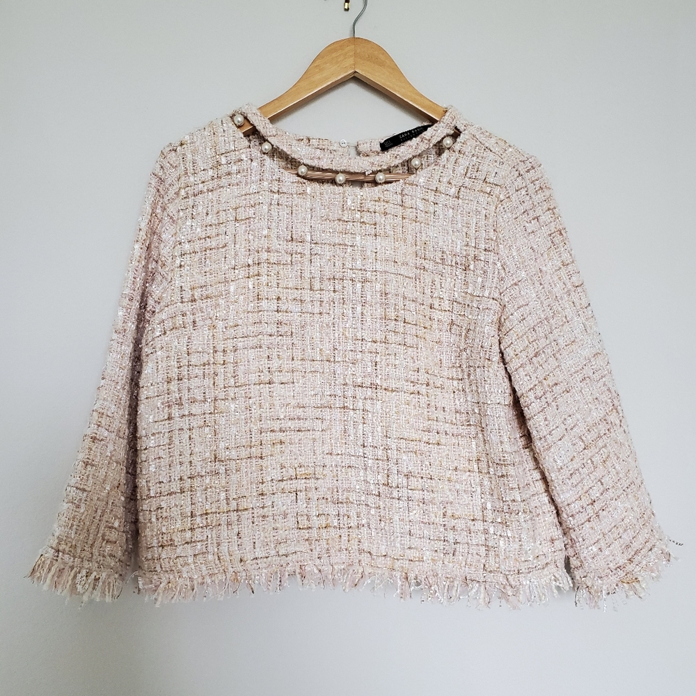 🎈SOLD 🎈Zara Tweed Top with Faux Pearl Details - Picture 4 of 12